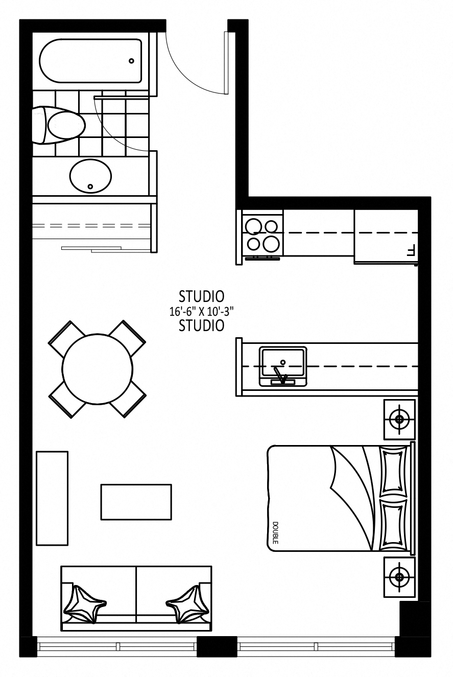 Floor plan for studio, 1 bath, 370 sqft